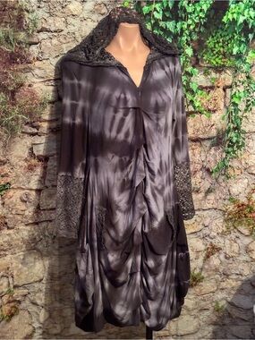 Black Boho Whimsigoth Tie-Dye Lace-Trim Dress Robe